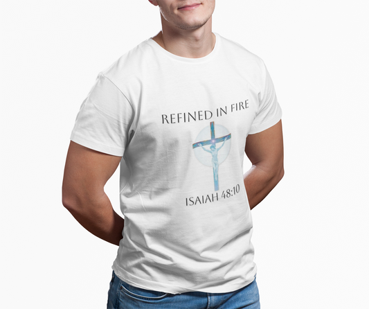 Refined in Fire Christian T-Shirt – Modern Cross Design (Dark Lettering)