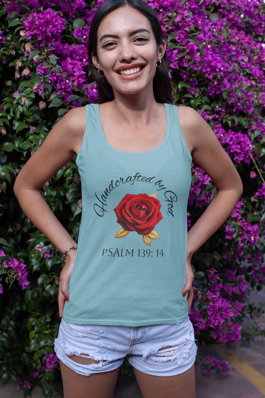 Handcrafted by God Rose Tank – Dark Lettering, Psalm 139:14