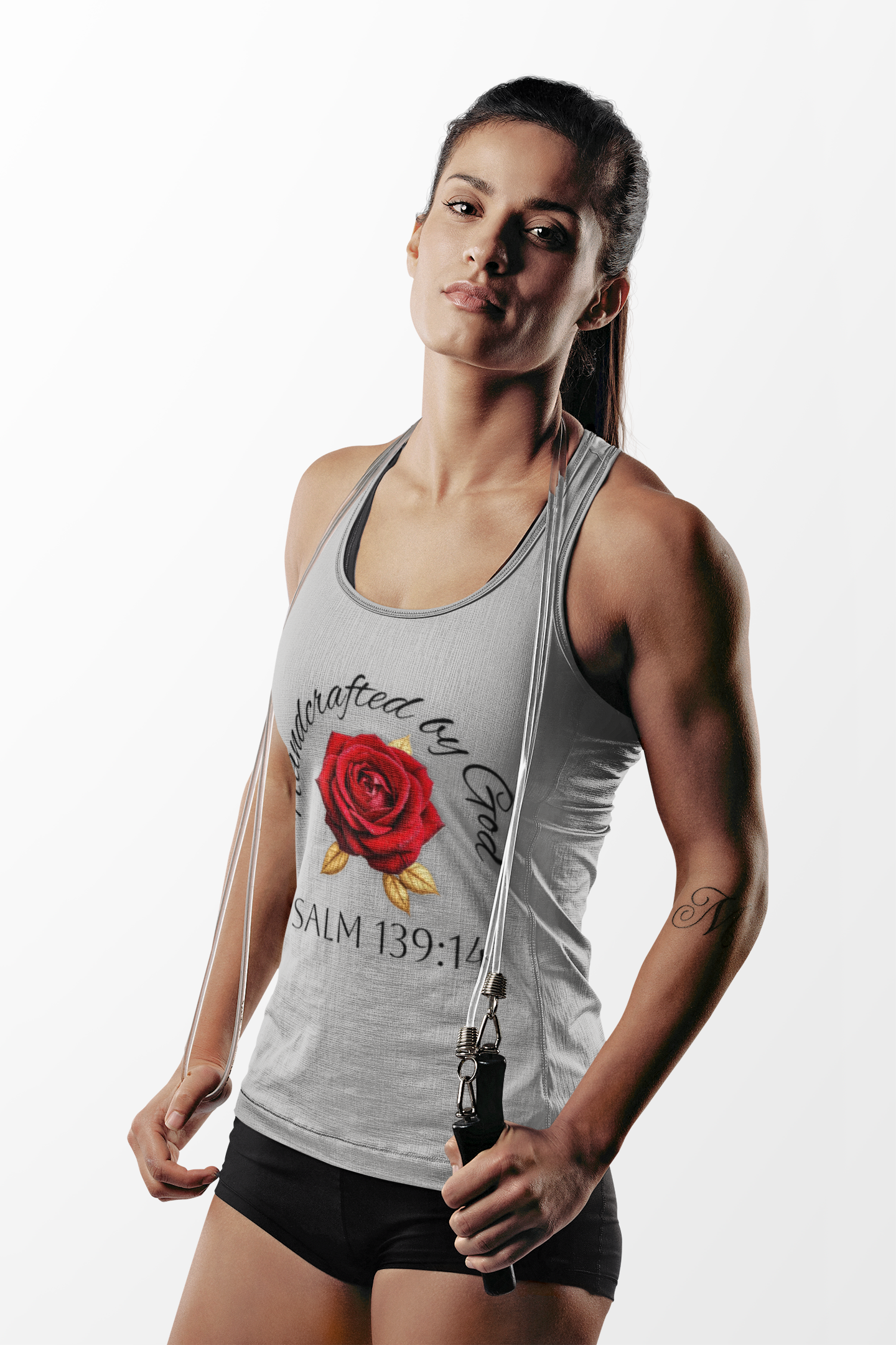 Handcrafted by God Rose Racerback Tank – Dark Lettering, Psalm 139:14