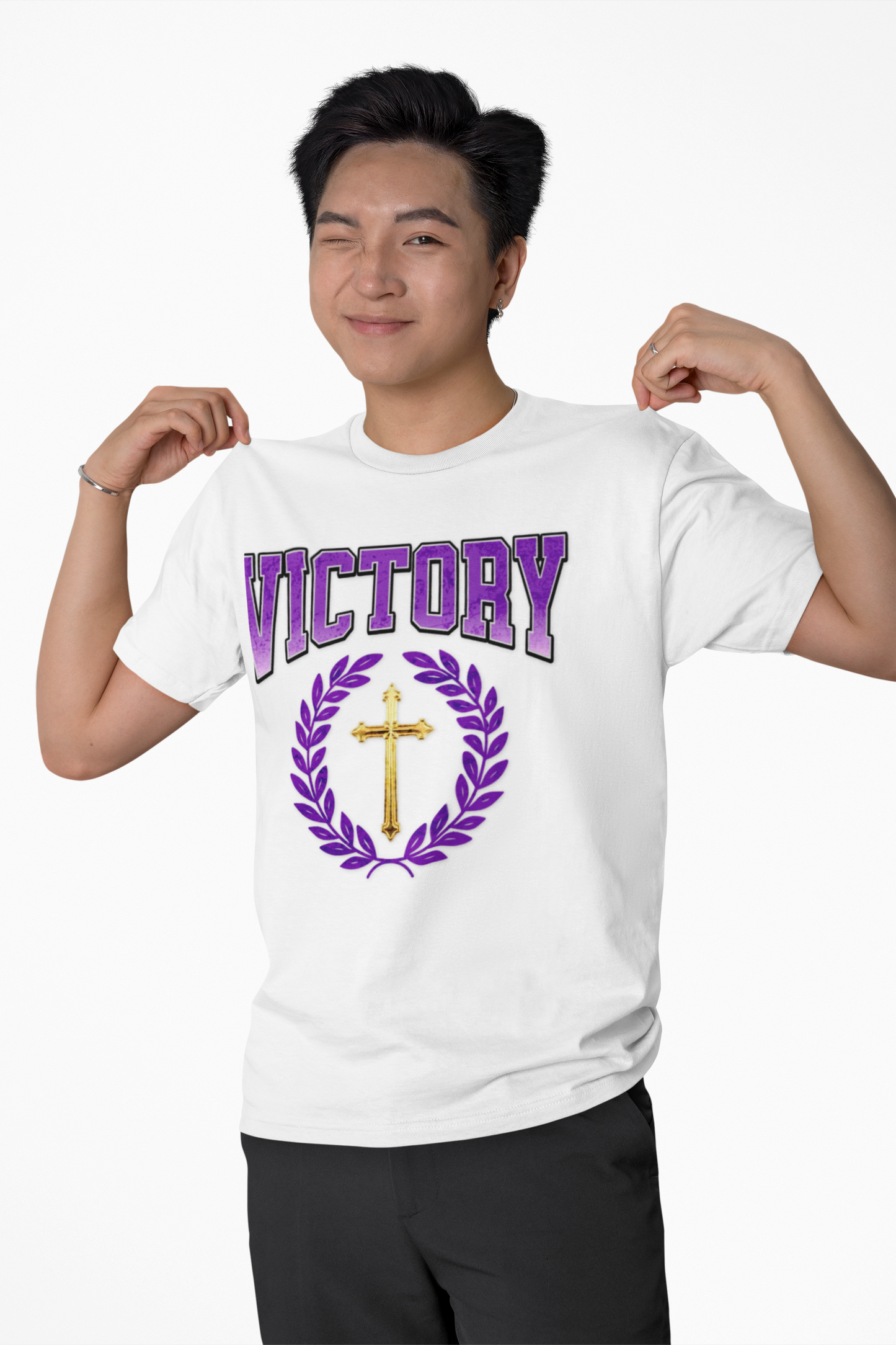 Victory Men’s Tee – Bold Purple Logo Spiritual Apparel