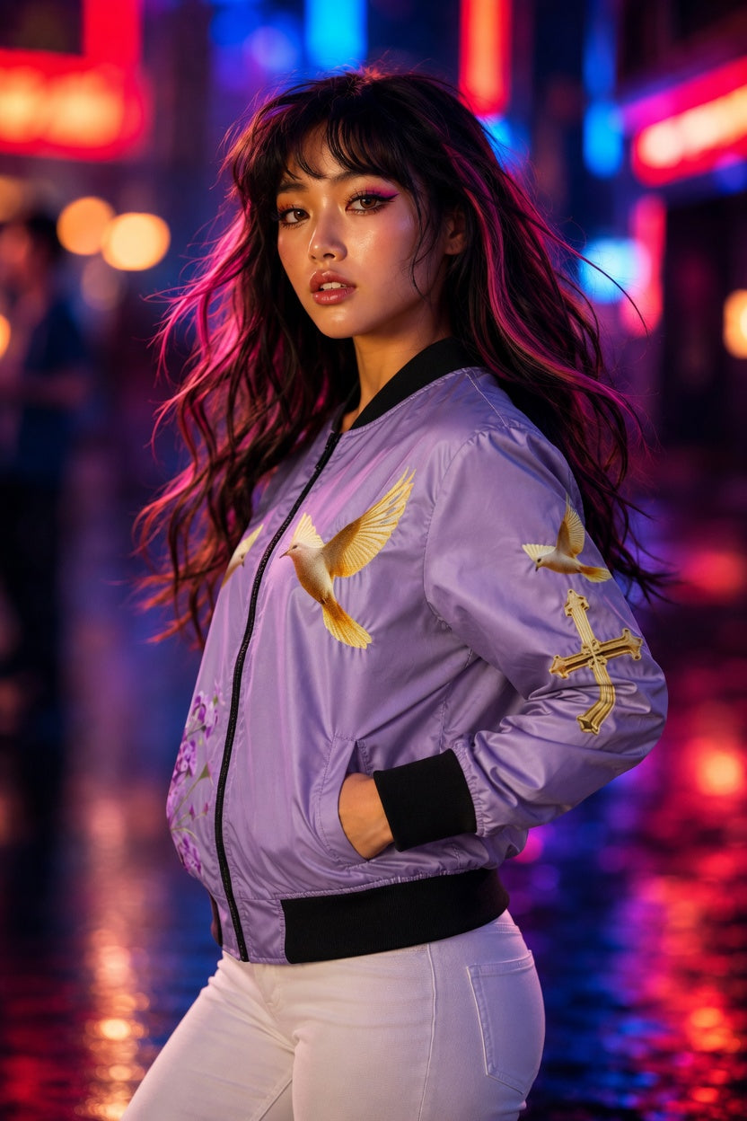 Person wearing a purple bomber jacket with gold designs in a neon-lit urban setting