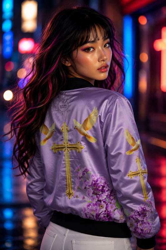 Woman wearing a purple jacket with gold cross and dove designs in a neon-lit urban setting