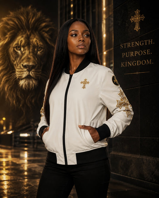 Christ is King (Lion of Judah) - Women's Christian Bomber Jacket (Cream)