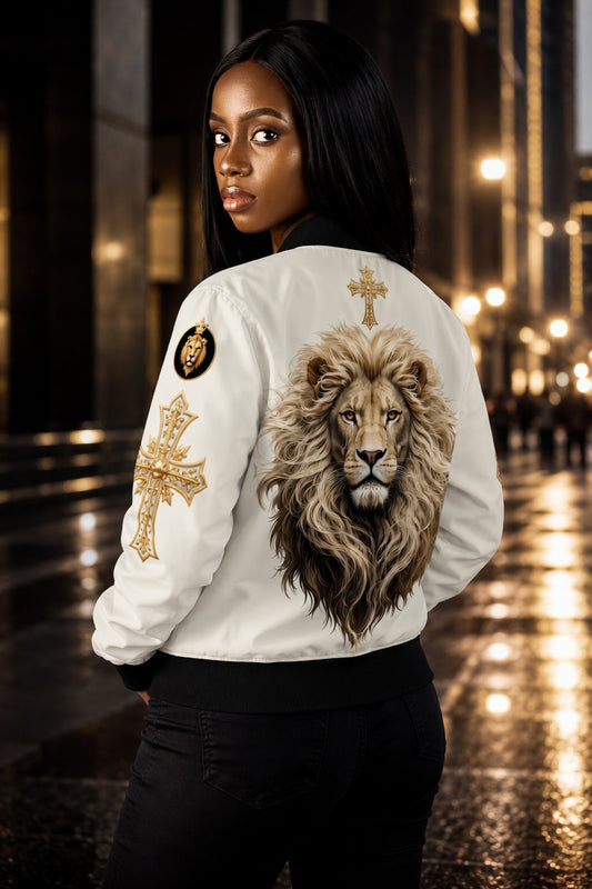 Christ is King (Lion of Judah) - Women's Christian Bomber Jacket (Cream)