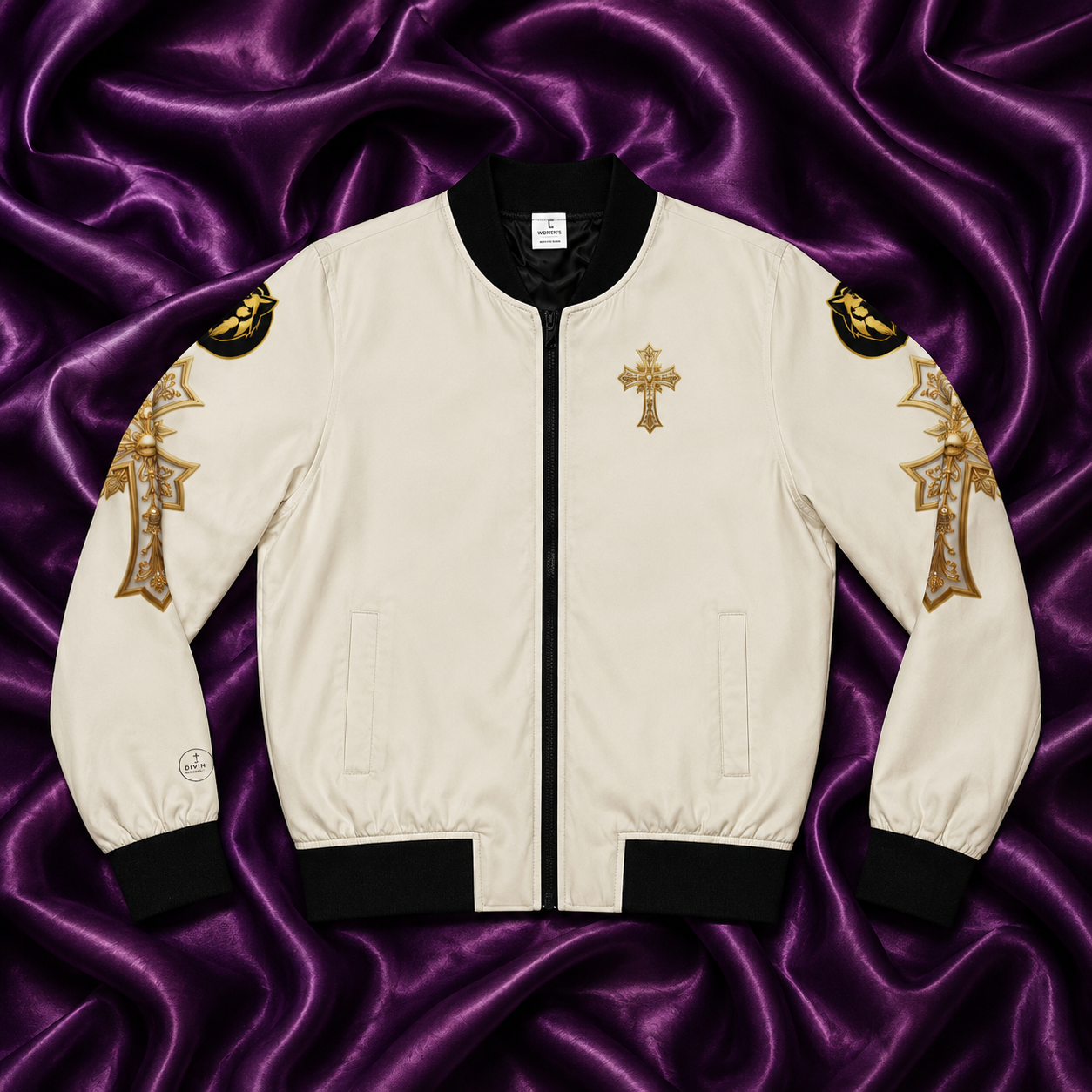 White bomber jacket with gold cross designs on a purple satin background