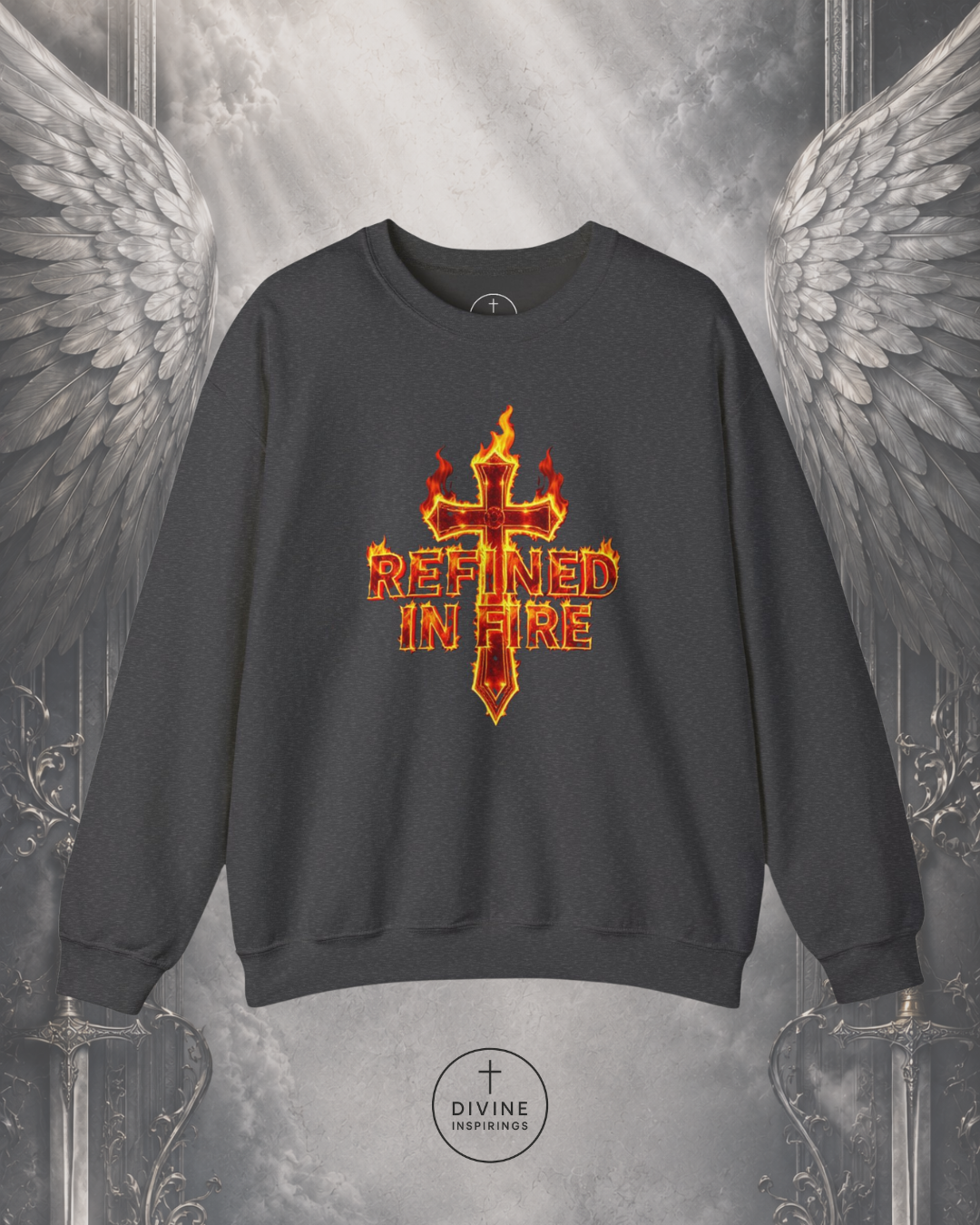 Black sweatshirt with 'Refined in Fire' design on a background with wings and a sword.