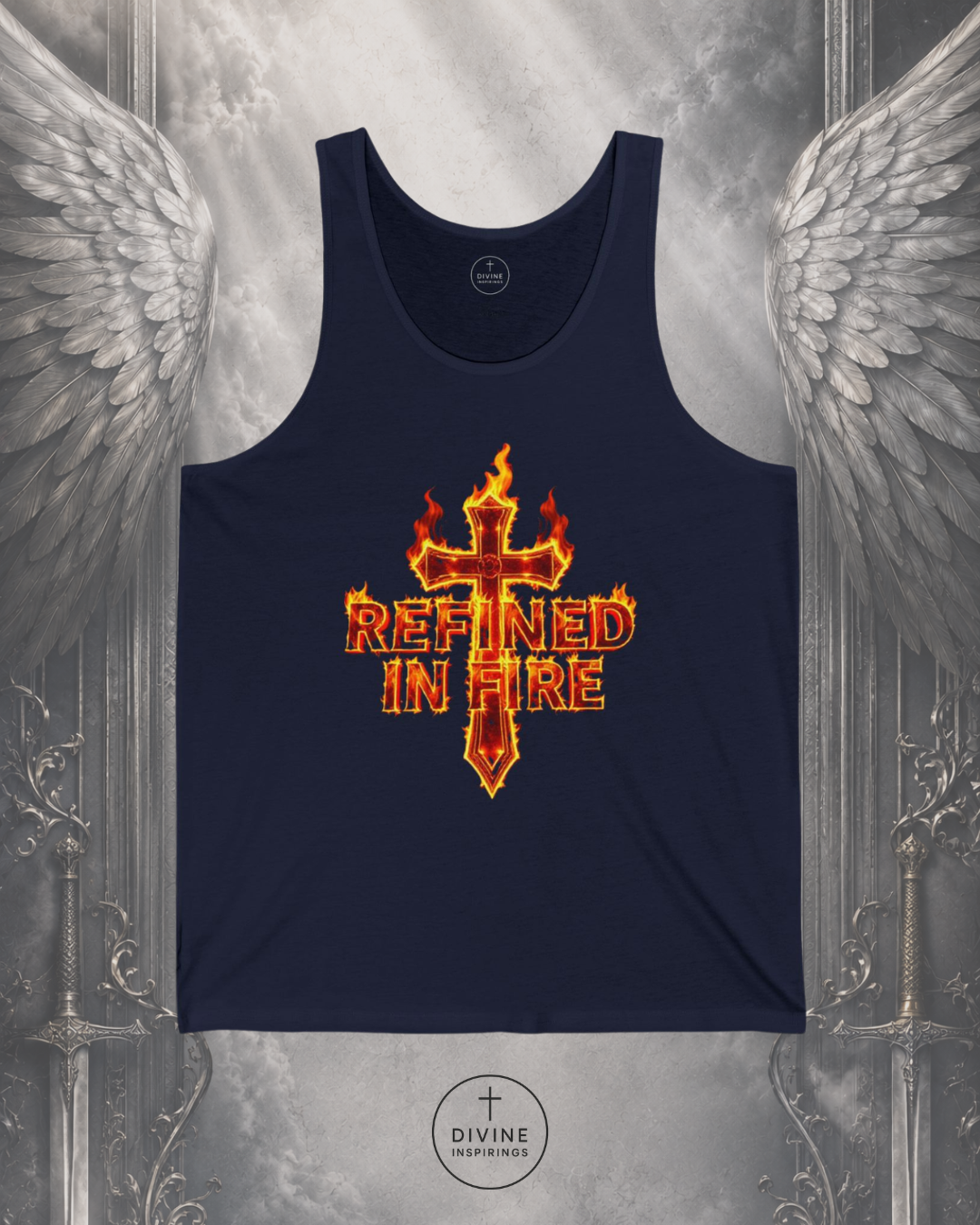 Navy tank top with 'Refined in Fire' design on a decorative background