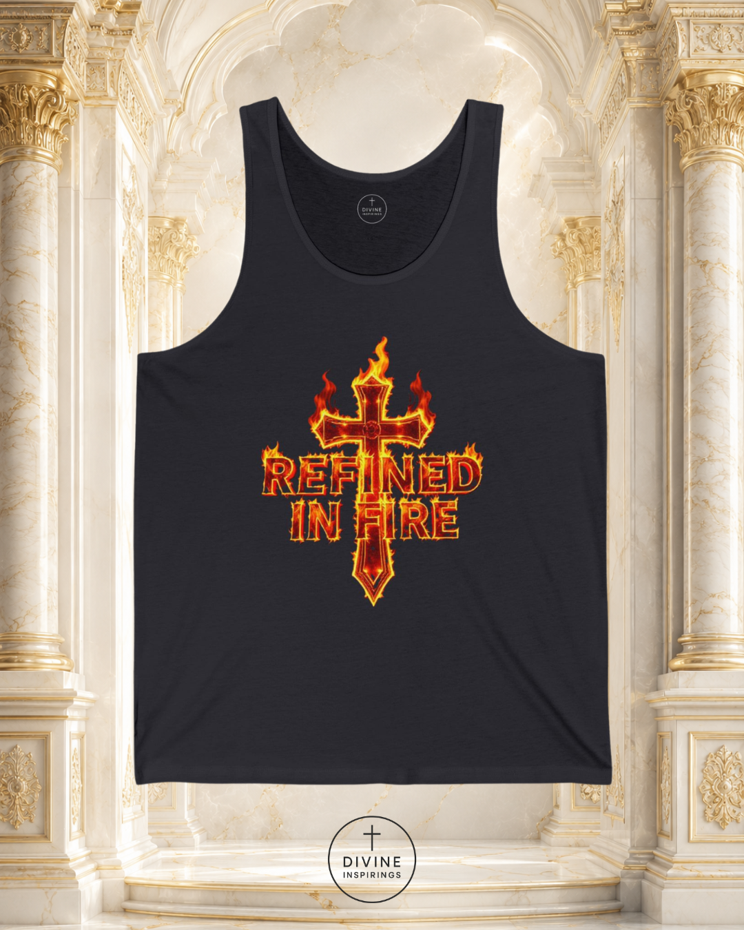 Black tank top with 'Refined in Fire' design on a decorative background