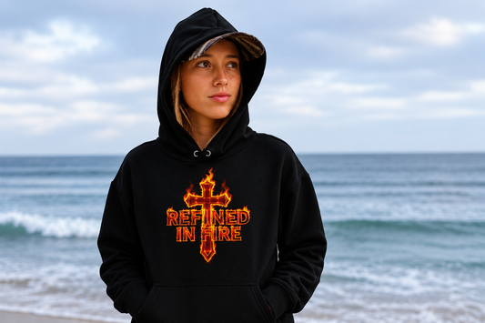 Person wearing a black hoodie with 'Refined in Fire' text on a beach