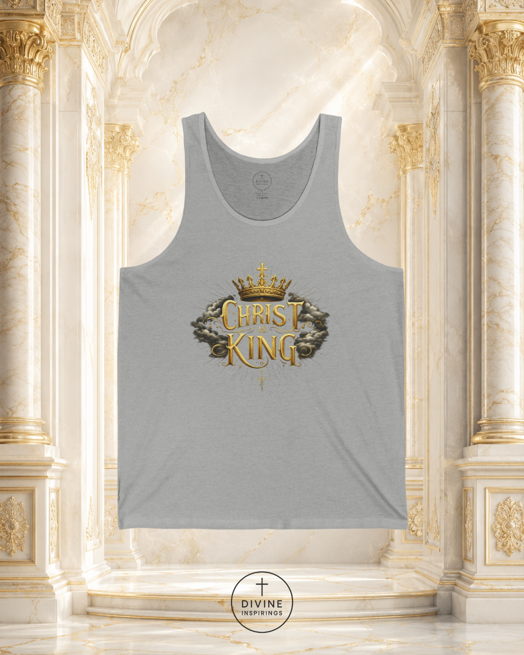 Gray tank top with 'King' text on a decorative background