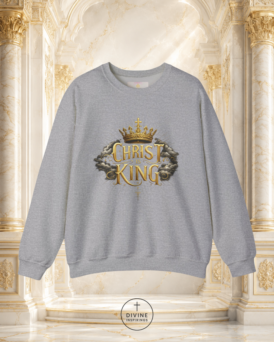 Gray sweatshirt with 'Christ King' design on a decorative background