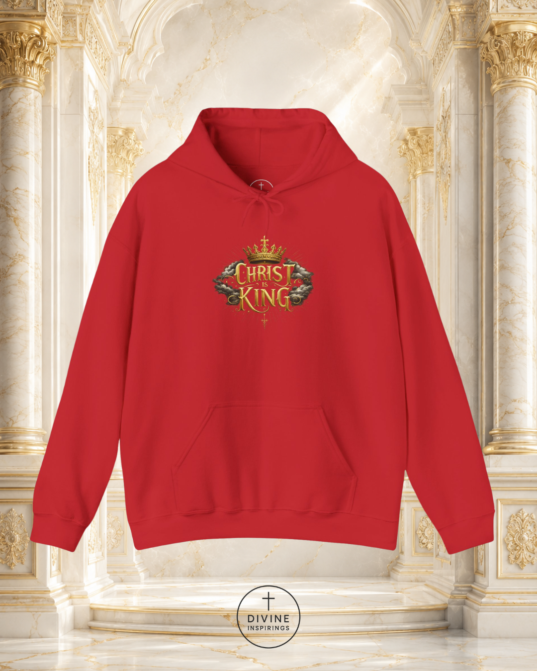Red hoodie with 'Christ the King' design on a decorative background