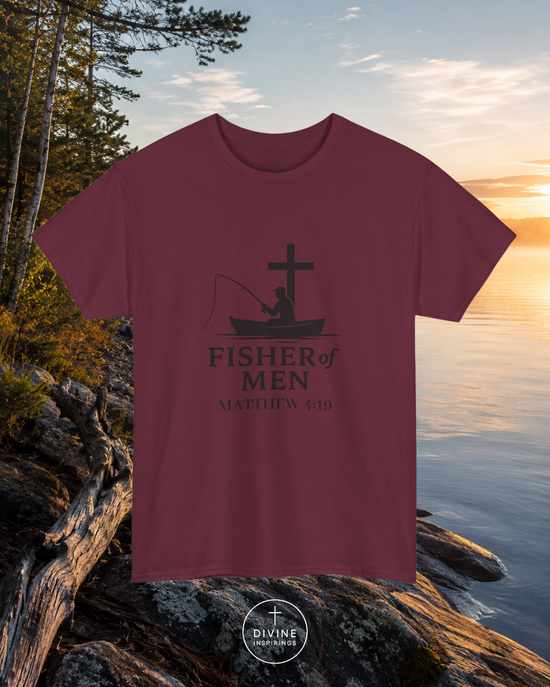Maroon t-shirt with 'Fisher of Men' design by a lake at sunset