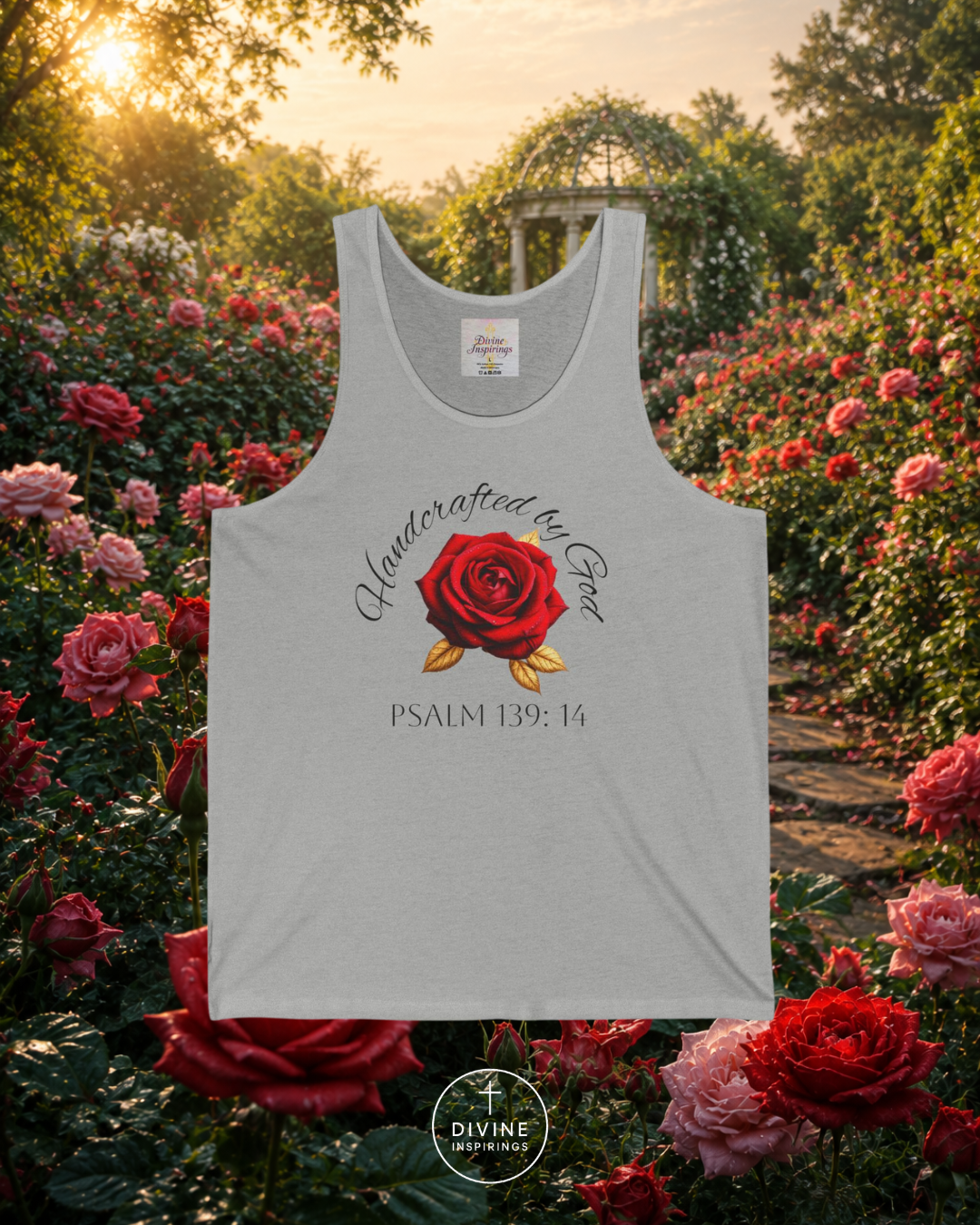 Gray tank top with a red rose design and text in a garden setting