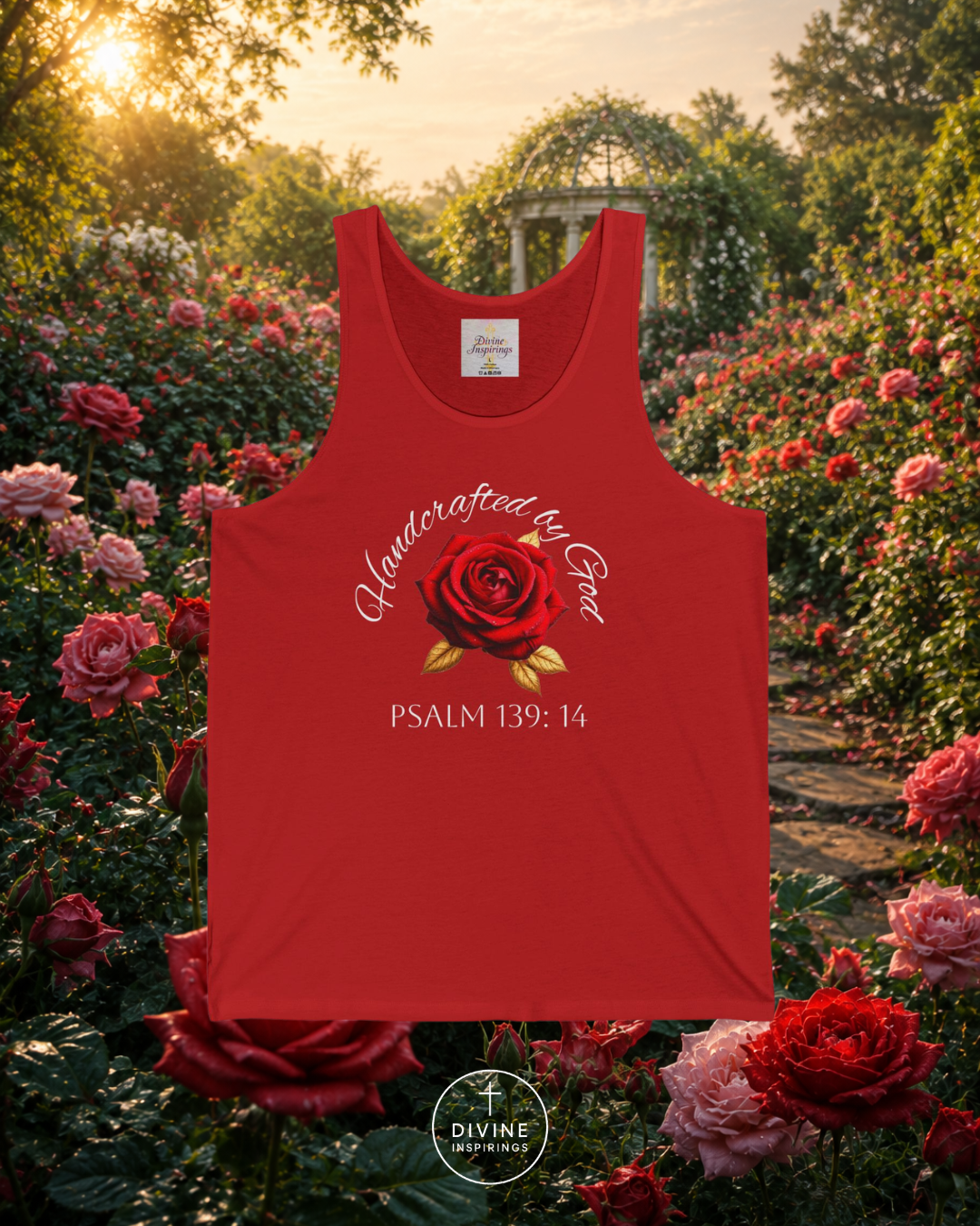 Red tank top with a rose design and text in a garden setting
