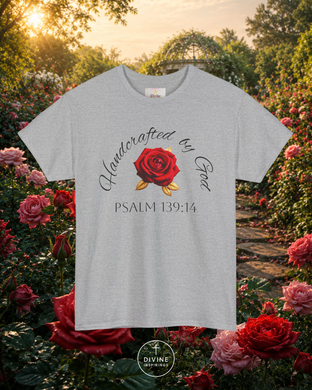 Light blue t-shirt with red rose graphic and text in a garden setting