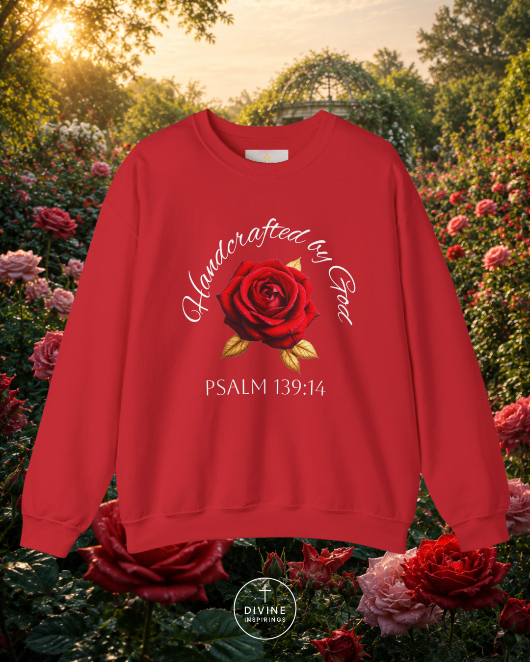 Red sweatshirt with a rose design and text in a garden setting