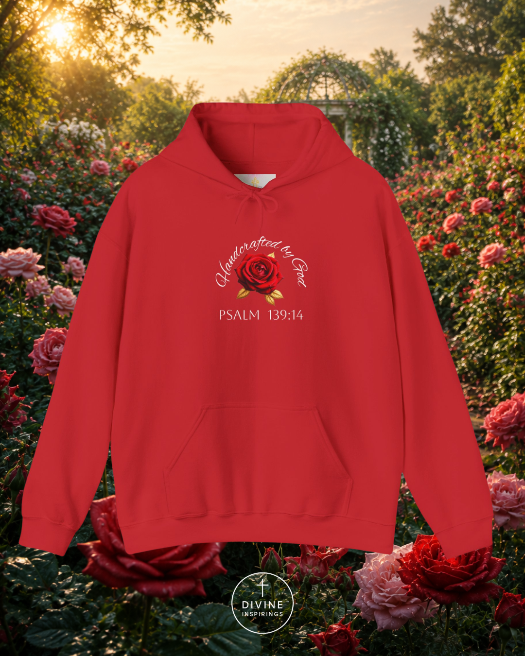 Red hoodie with a rose design and Psalm 139:14 text, set against a garden background.