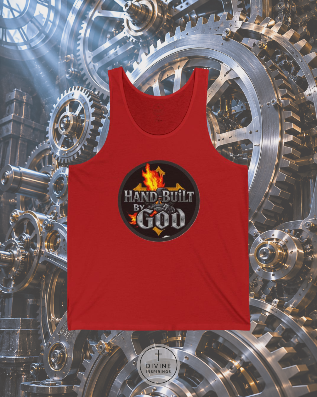 Red tank top with 'Hand Built by God' graphic on a mechanical gear background