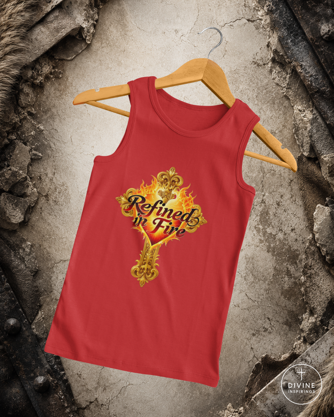 Red tank top with 'Refined in Fire' design on a hanger against a textured wall background.