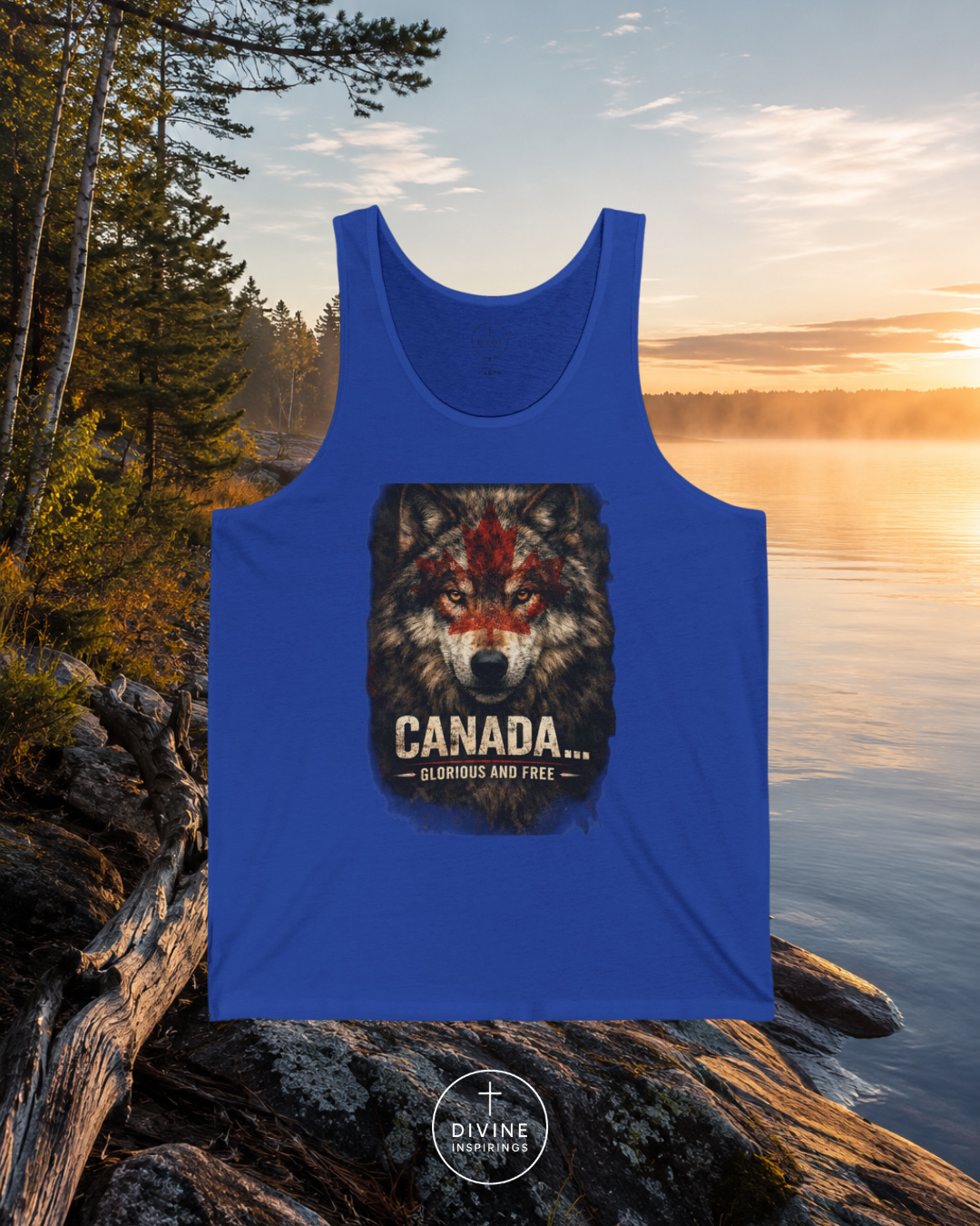 Blue tank top with wolf design and 'Canada' text against a scenic lake background