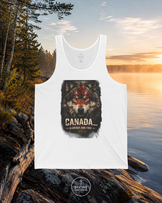 White tank top with a wolf graphic and 'Canada' text against a scenic background