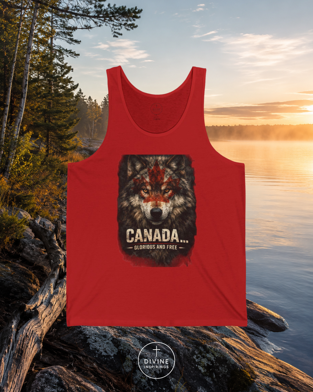 Red tank top with a wolf graphic and 'Canada' text on a natural background