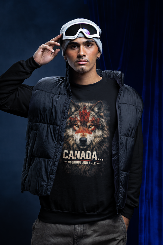 Person wearing a black jacket with a wolf graphic and text, standing against a dark blue curtain.