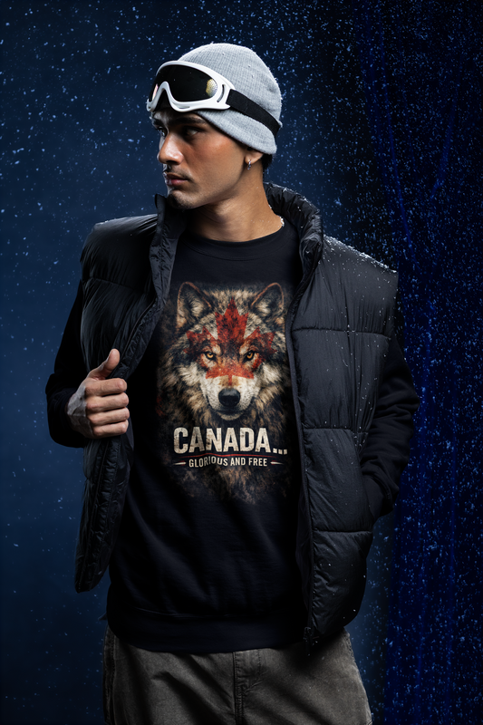 Person wearing a black t-shirt with a wolf design and 'Canada' text against a dark blue background.