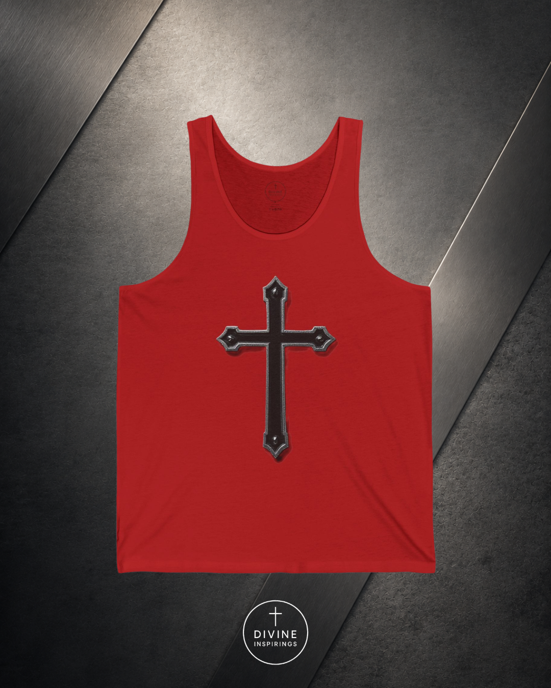 Red tank top with a black cross design on a dark gray background