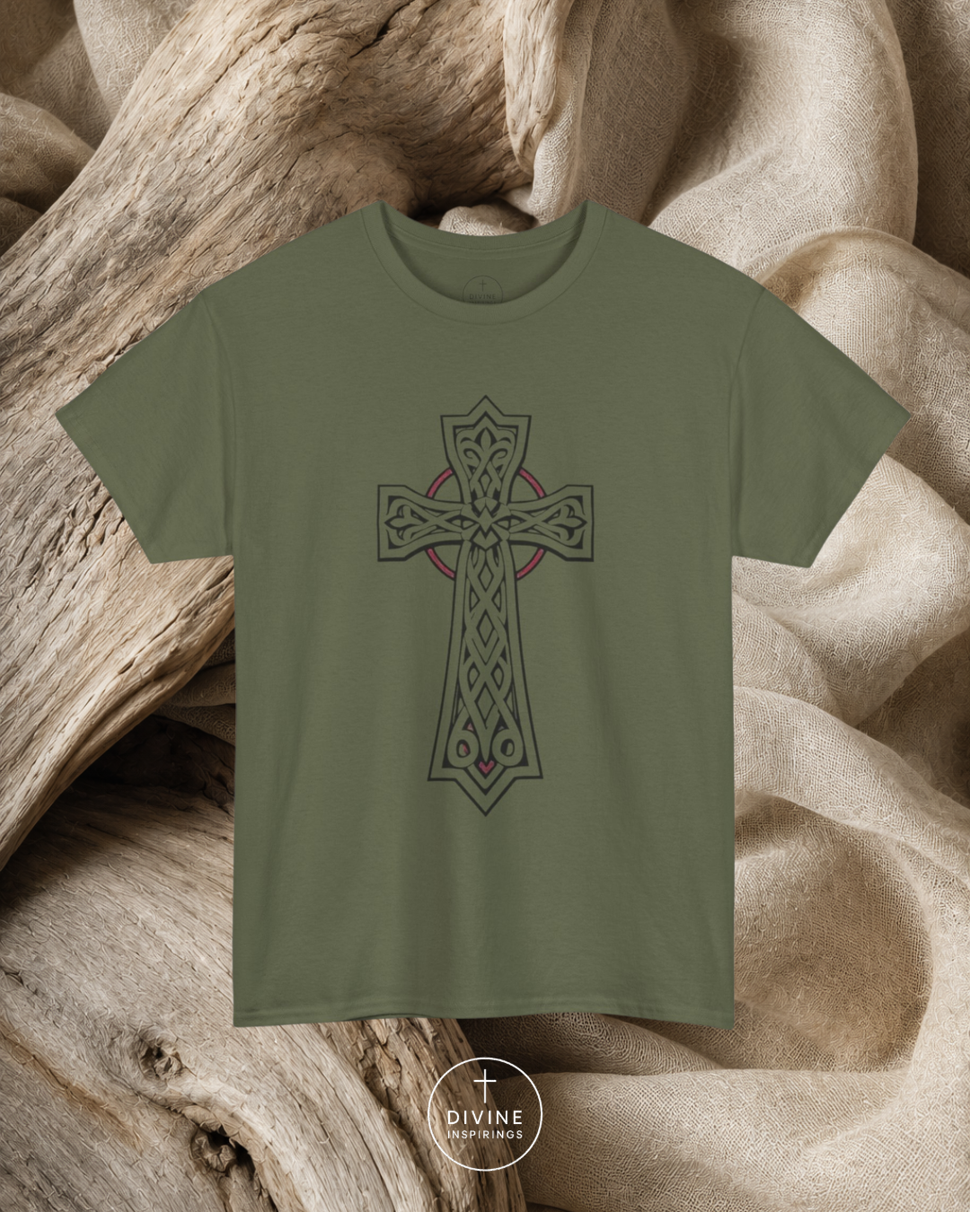 Green t-shirt with a Celtic cross design on a textured beige background