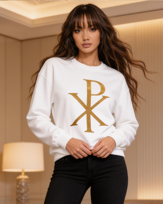 Woman wearing a white sweatshirt with a gold logo in an indoor setting