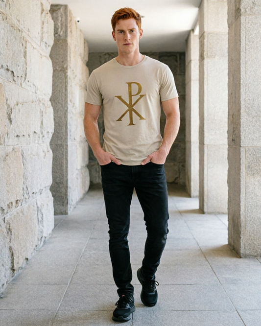 Man wearing a beige t-shirt with a logo in a stone hallway