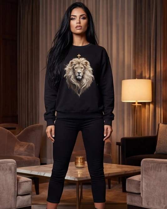 Woman wearing a black sweatshirt with a lion design in a living room setting