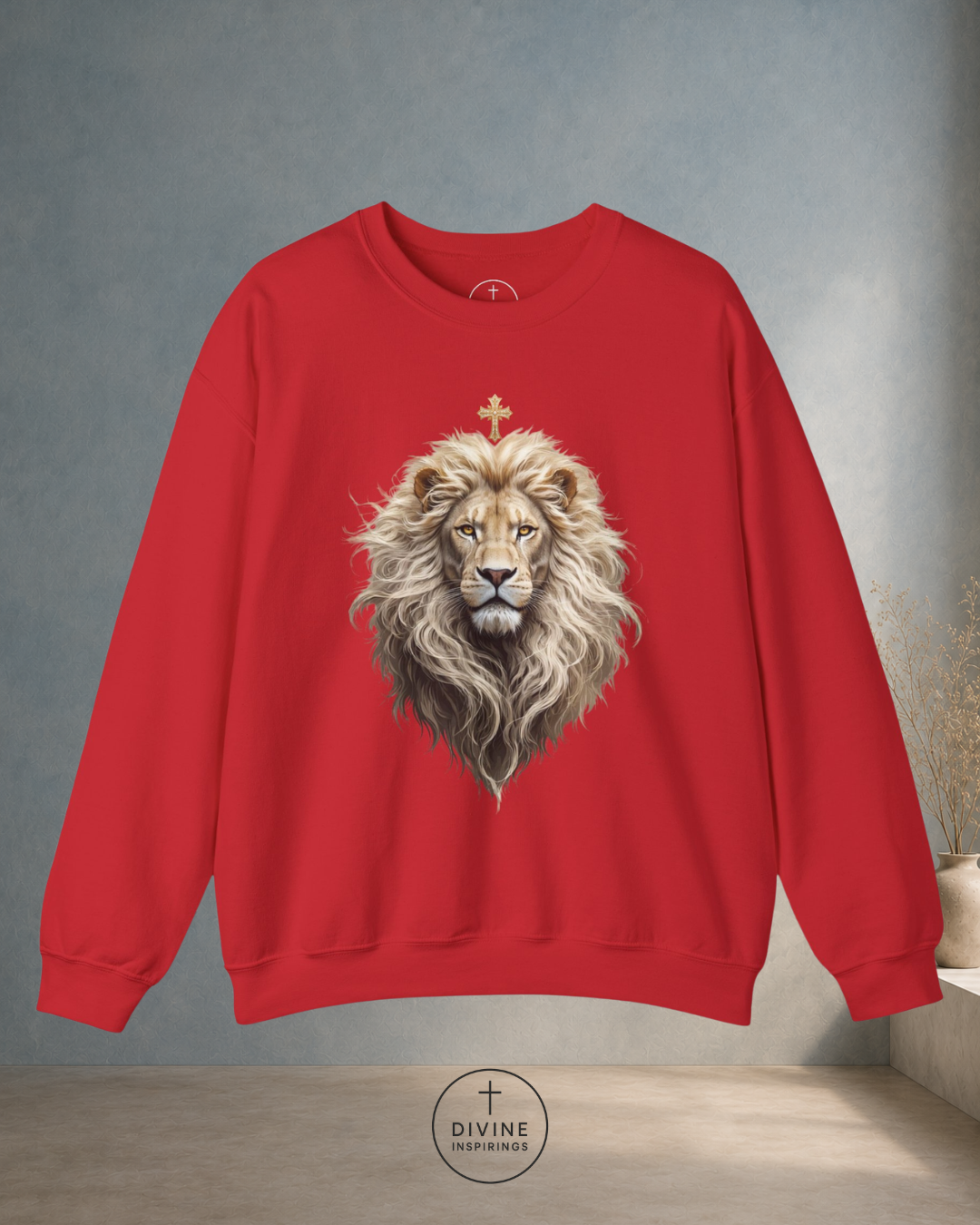 Red sweatshirt with a lion graphic on a gray background