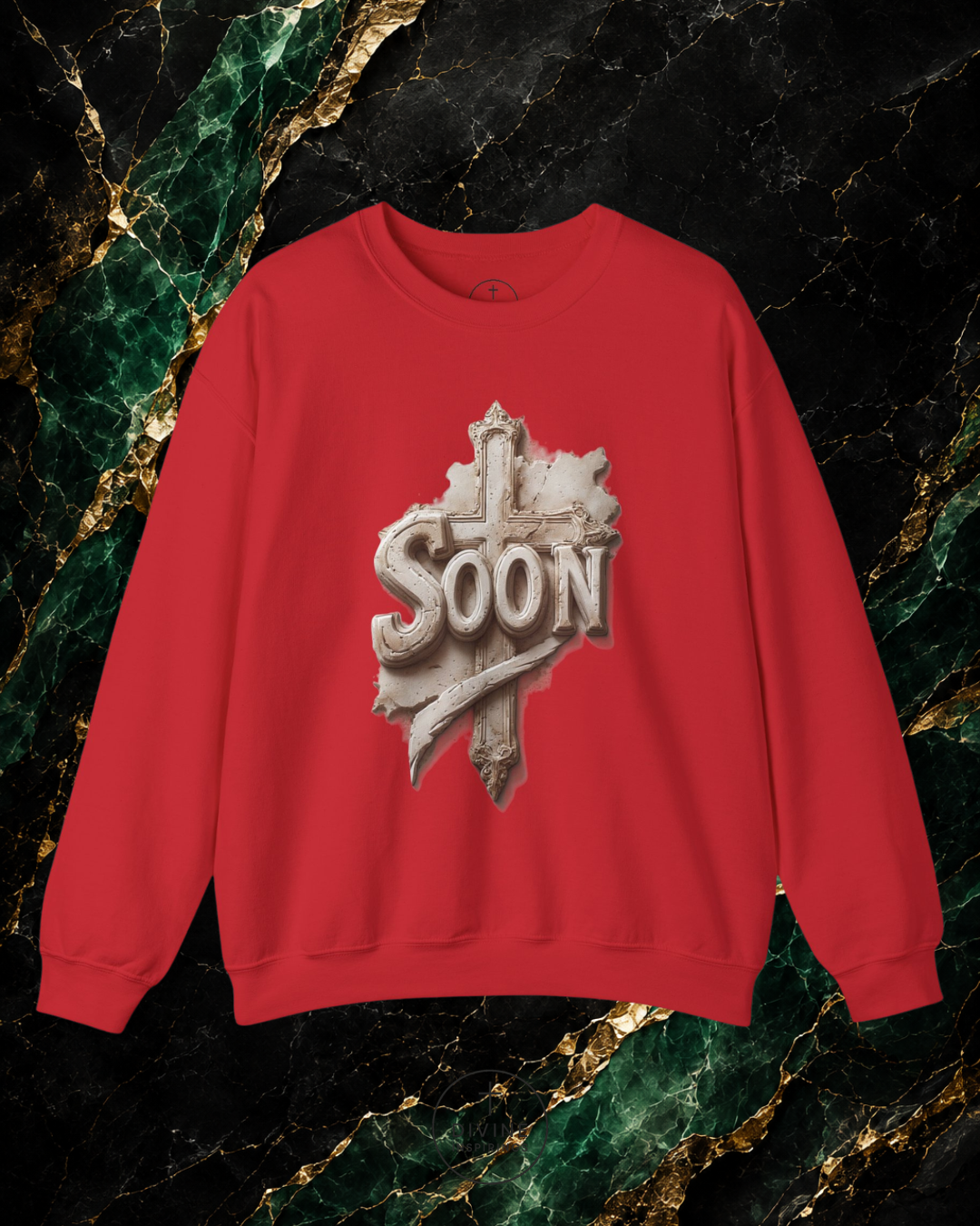 Red sweatshirt with 'SOON' graphic on a marble background
