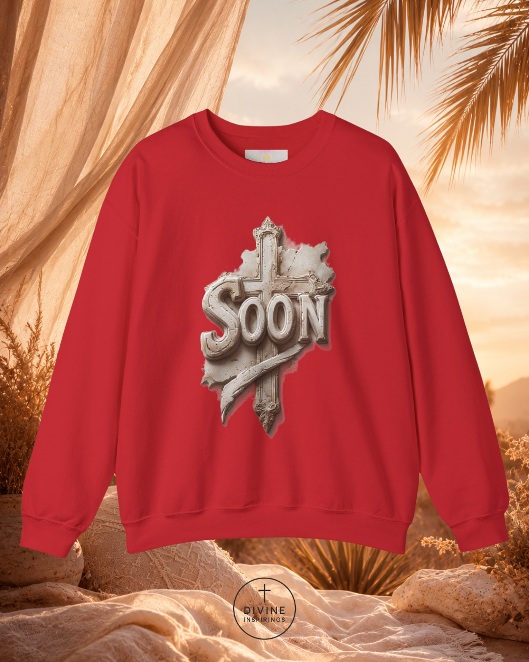 Red sweatshirt with 'SOON' graphic design against a desert sunset background