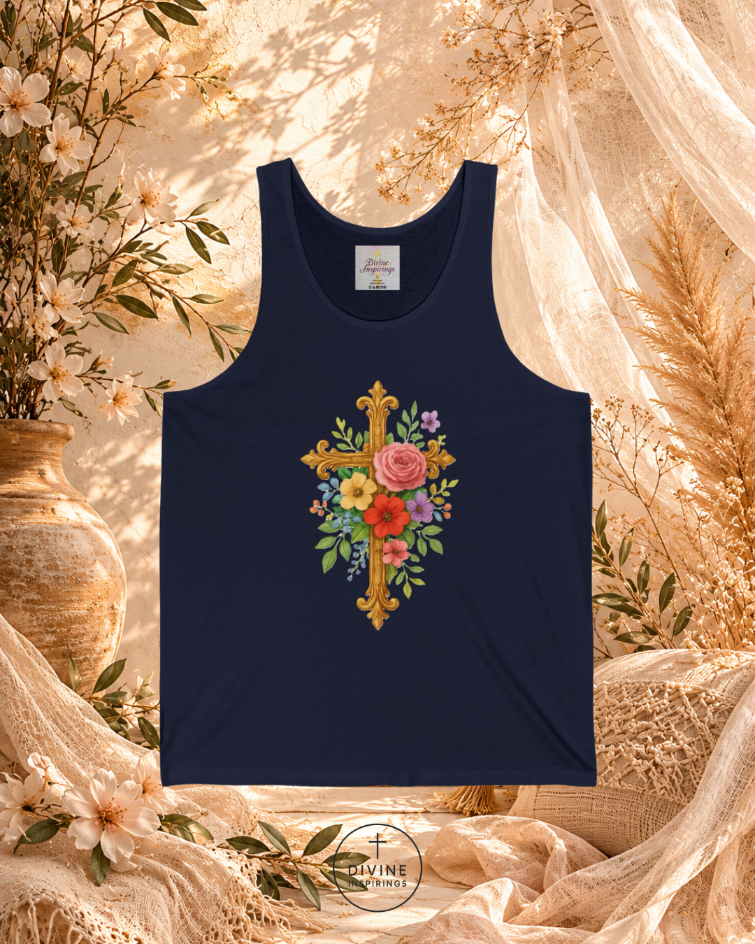 Navy tank top with floral cross design on a decorative background