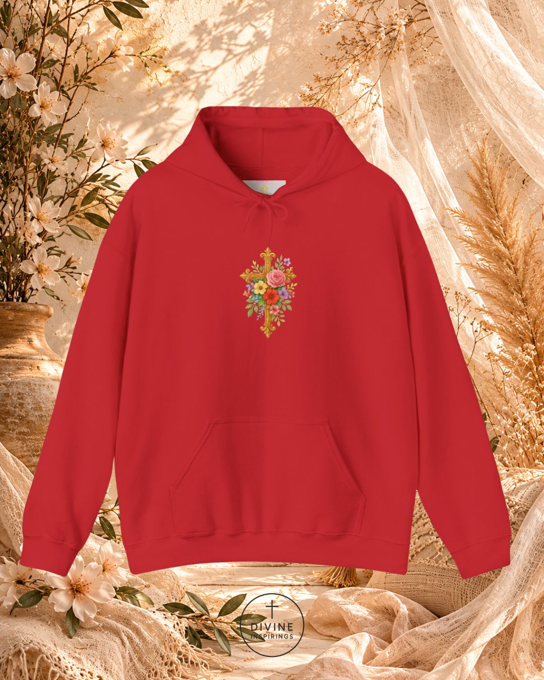 Red hoodie with floral design on a decorative background