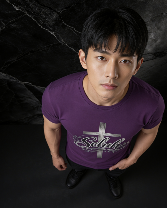 Person wearing a purple t-shirt with a logo on a dark background