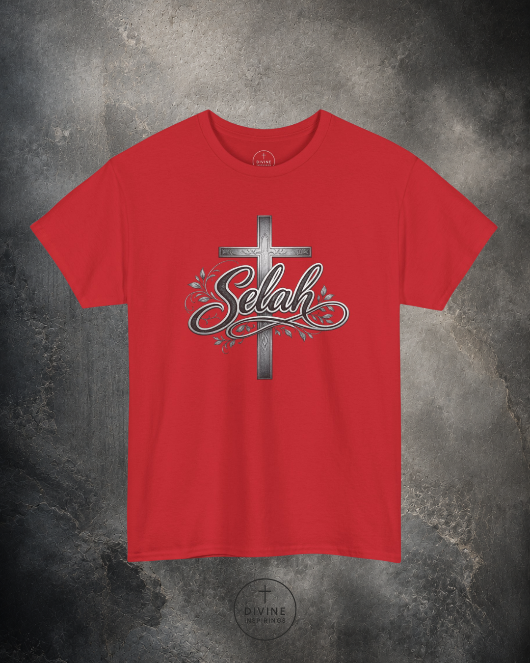 Red t-shirt with a cross and 'Selah' design on a textured gray background
