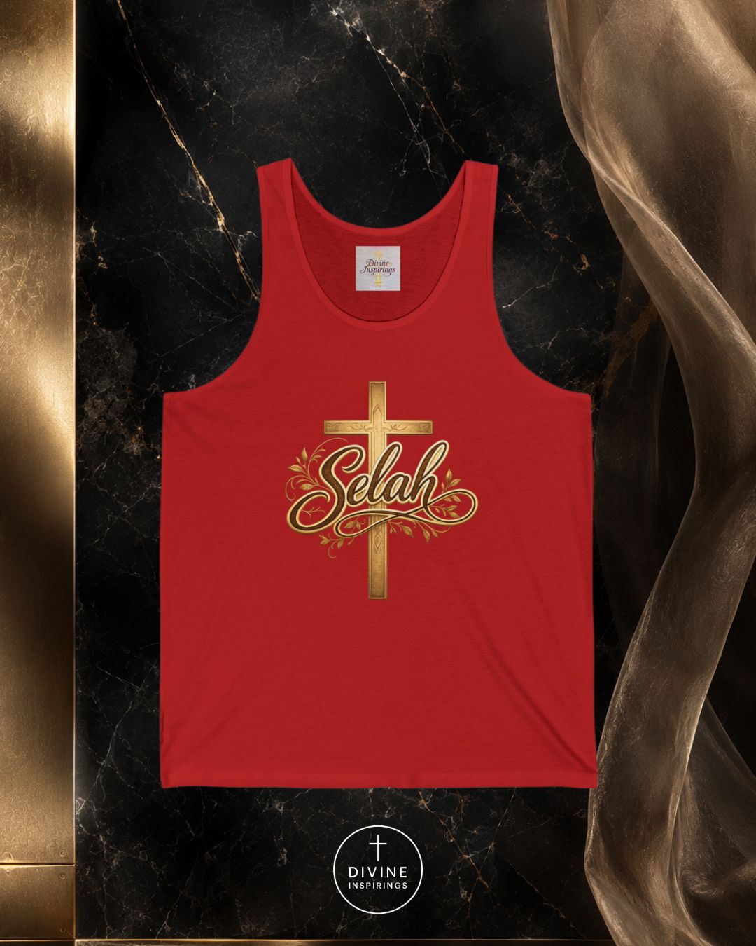 Red tank top with 'Selah' design on a dark marble background