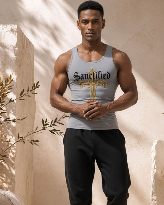 Man wearing a tank top with 'Sanctified' design against a beige wall.