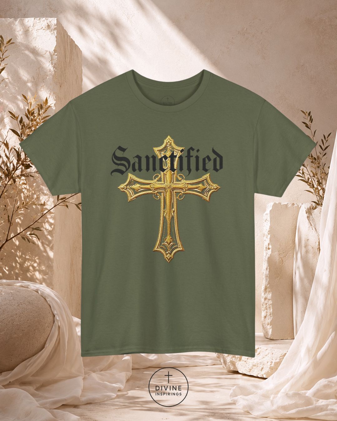 Green t-shirt with a gold cross and 'Sanctified' text on a neutral background