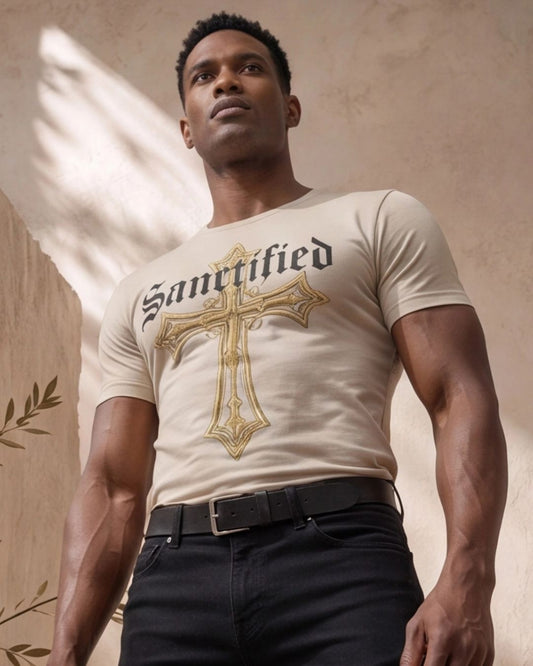 Man wearing a 'Sanctified' t-shirt with a cross design against a neutral background