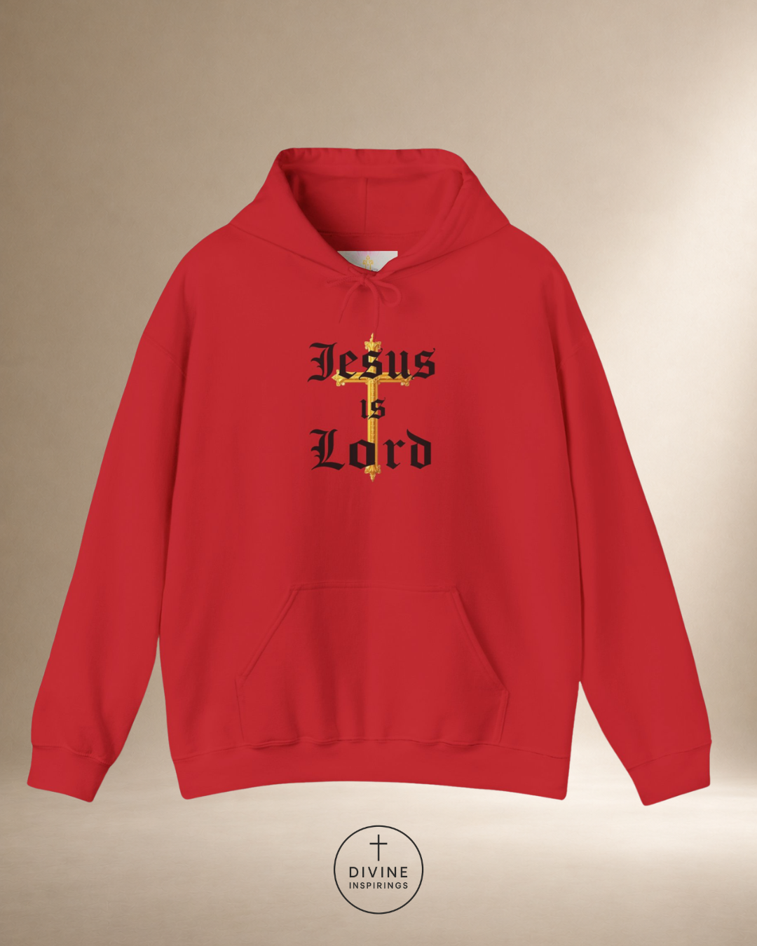 Red hoodie with 'Jesus is Lord' text on a beige background