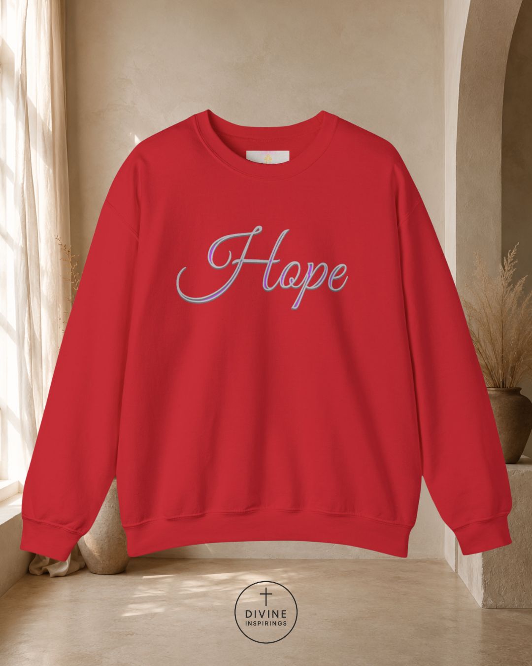 Red sweatshirt with 'Hope' text in a neutral indoor setting