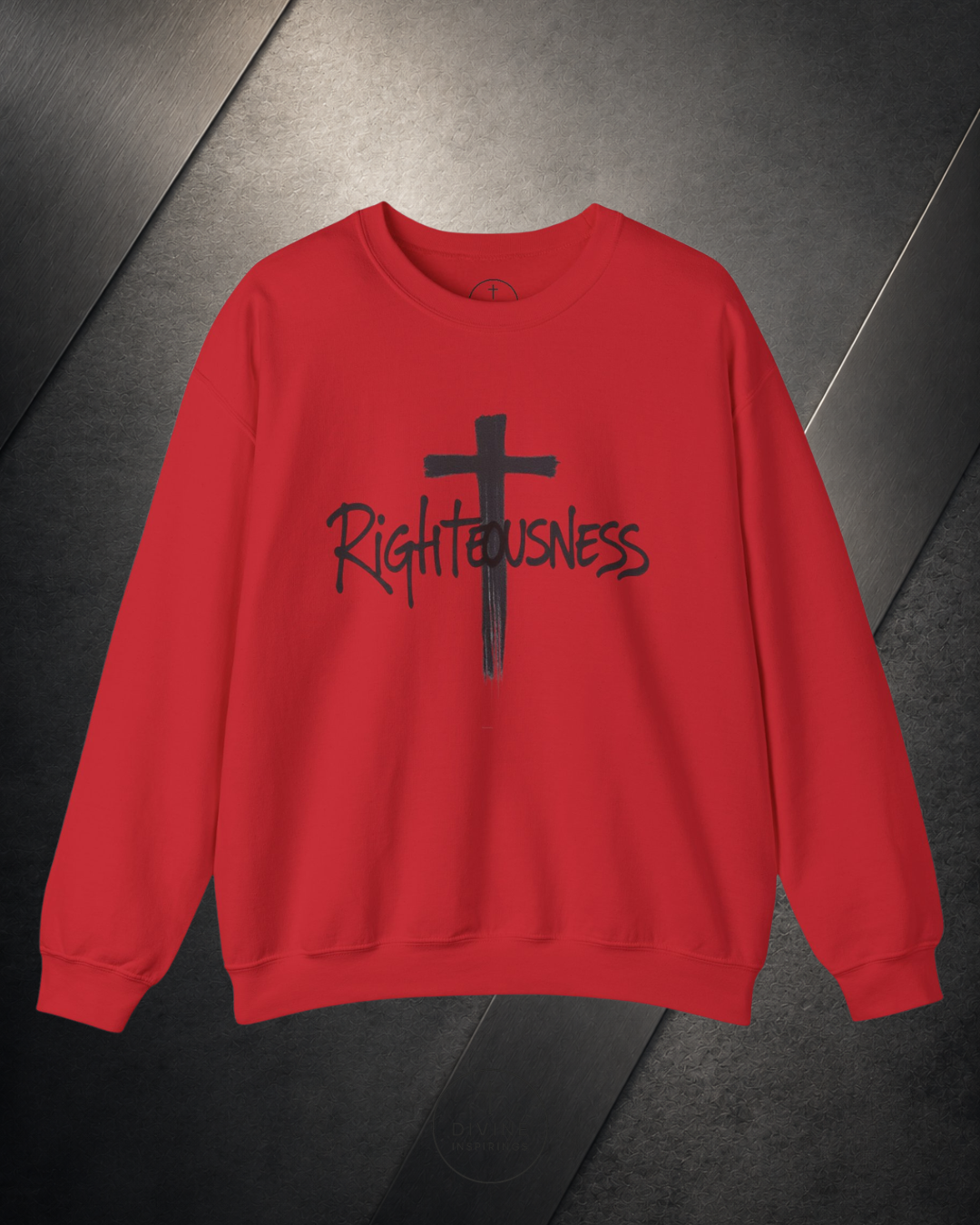 Red sweatshirt with a black cross and 'Righteousness' text on a dark surface