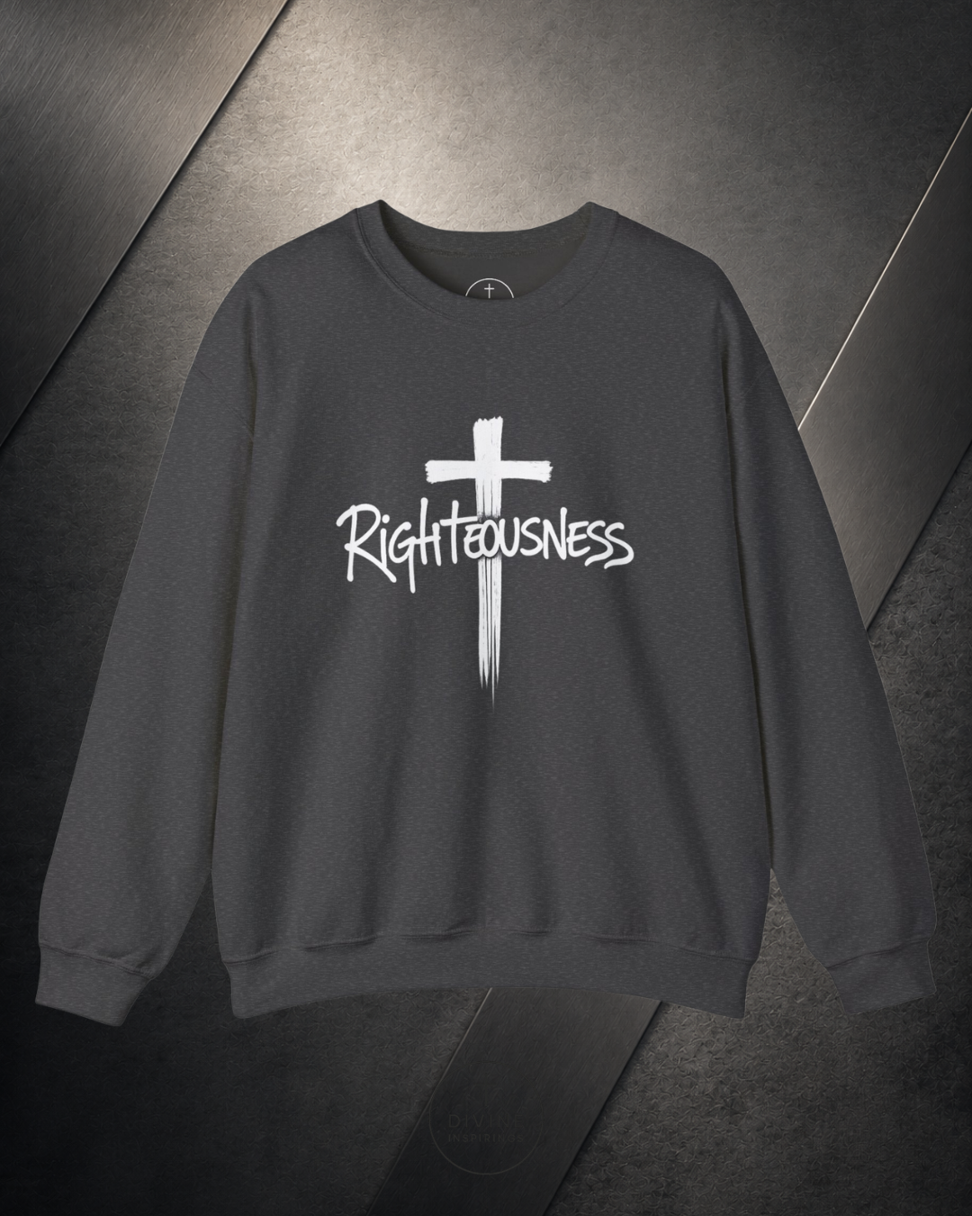 Gray sweatshirt with a white cross and 'Righteousness' text on a dark background