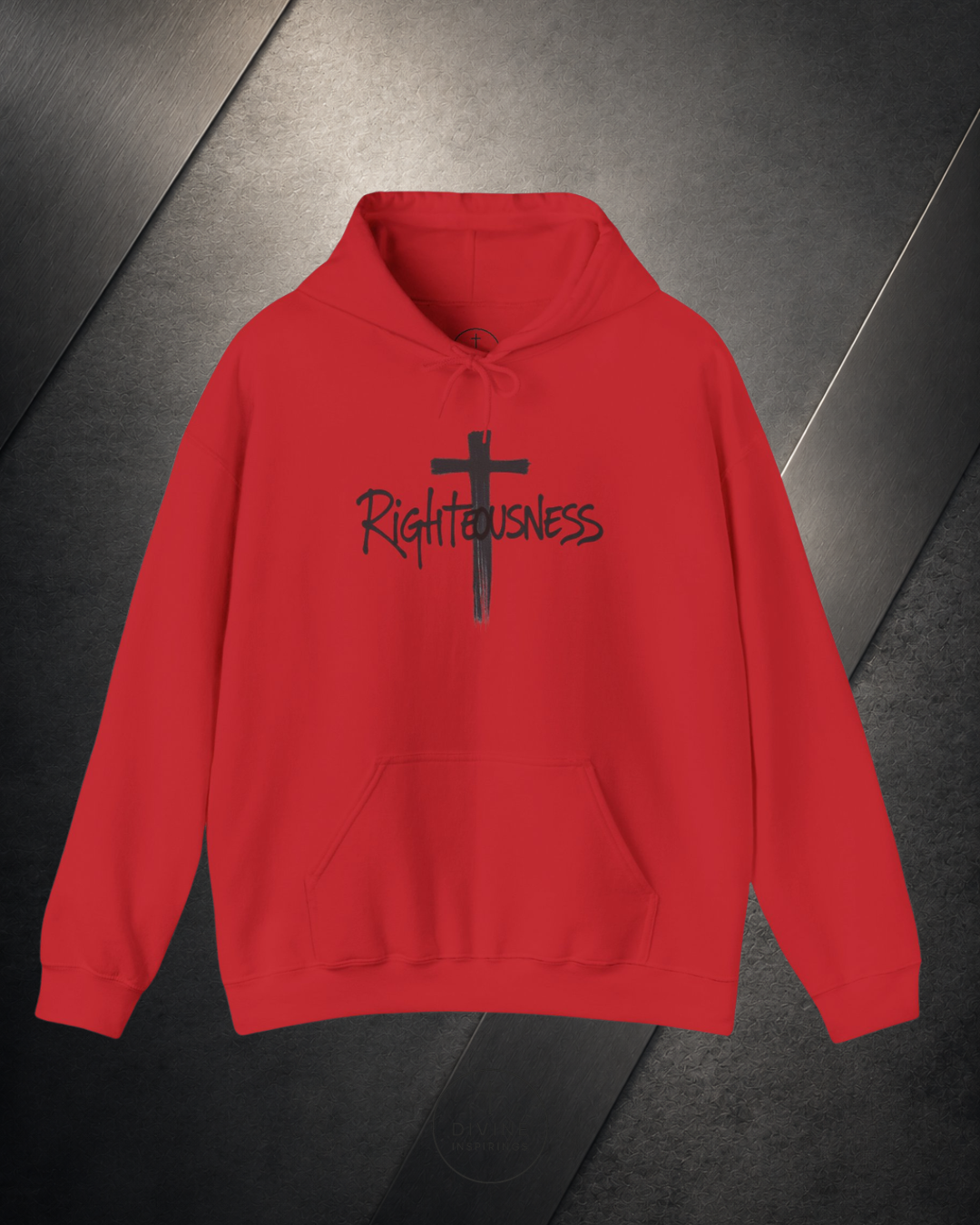 Red hoodie with a black cross and 'Righteousness' text on a dark surface